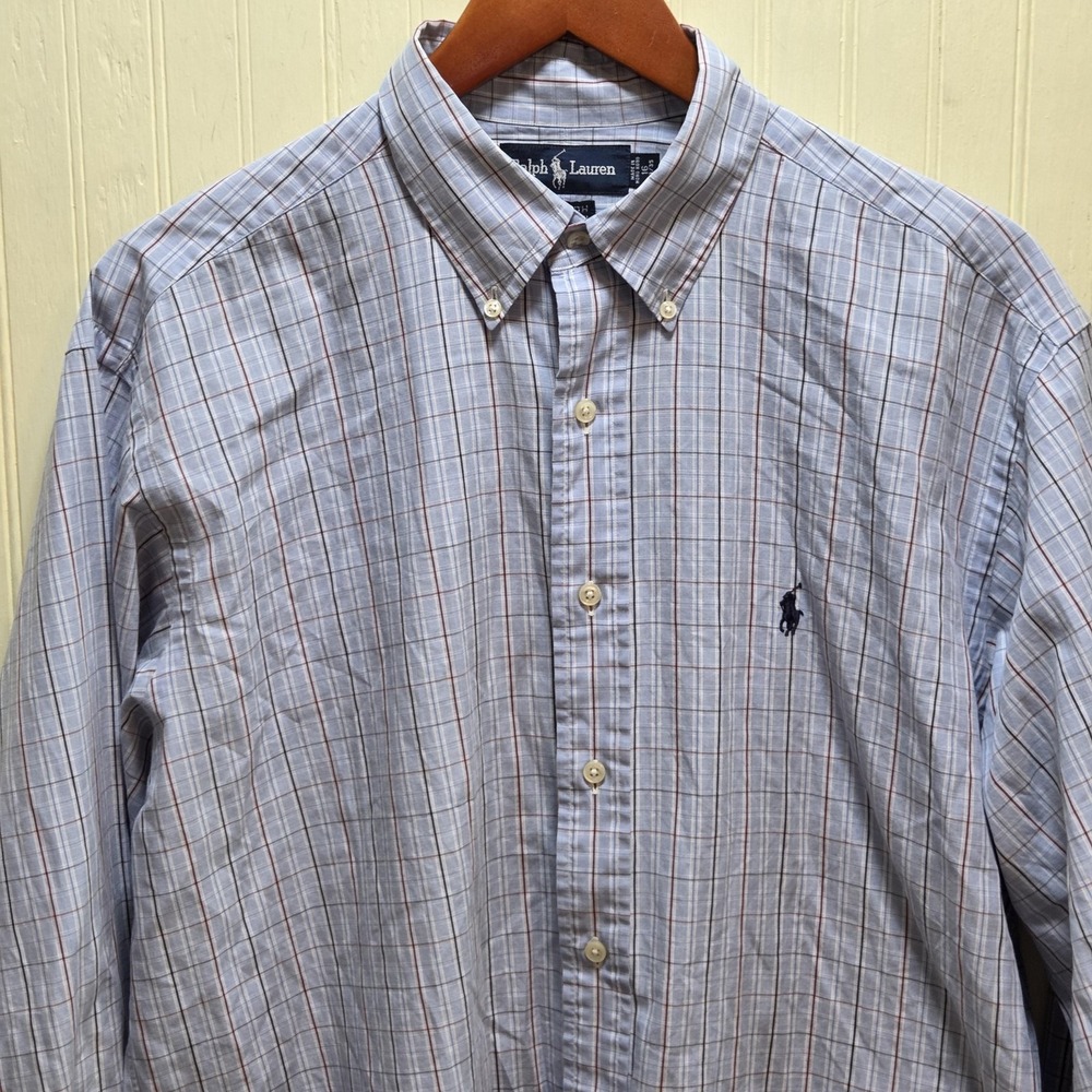 Ralph Lauren Yarmouth Shirt Mens Large Blue Plaid Long Sleeve Button Down Cotton